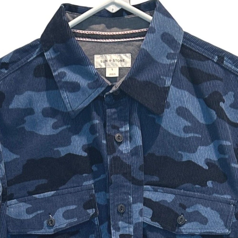Sun + Stone Corduroy Shirt Large Mens Blue Camo Button Down 100156275MN